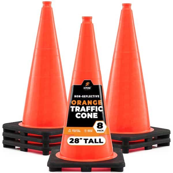 Traffic Safety Cone, 28 in, PVC Plastic, No Collar, Orange, 8 pk