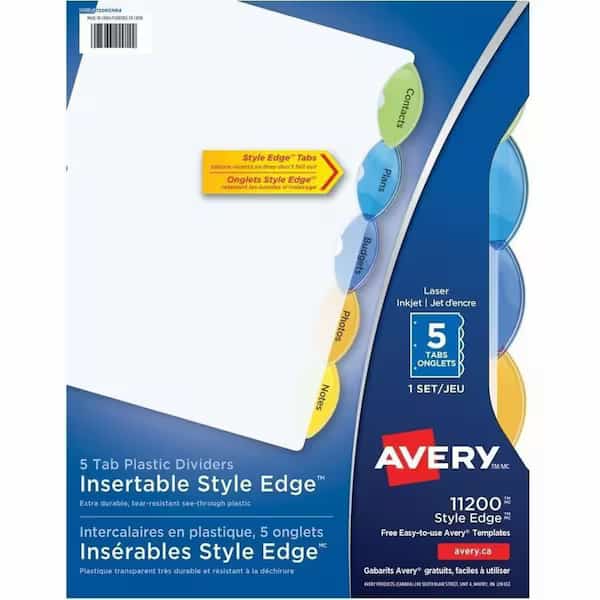 Avery Style Edge Clear Plastic Insertable Divider, 8.5"x11", 5 Tabs, White/Multicolor