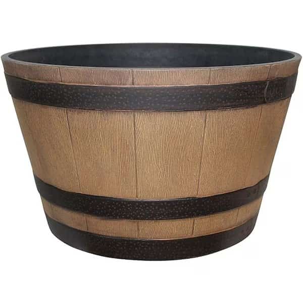 Planter, 154 in W, 91 in D, Round, Whiskey Barrel Design, Plastic, Natural Oak
