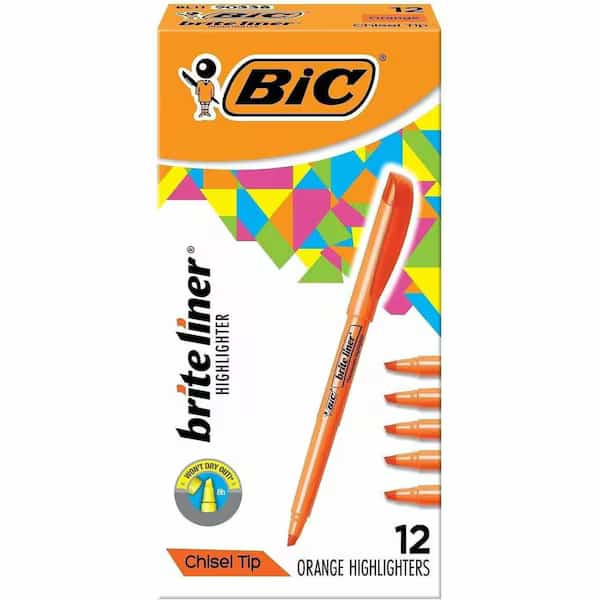 Bic Brite Liner Highlighter with Pocket Clip, Chisel Tip, Orange Ink, Dozen