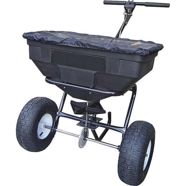 125 lbs Cap Broadcast Spreader, 12 ft Spread, Poly Black Hopper