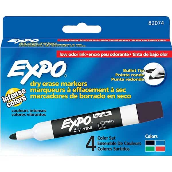Low Odor Dry Erase Markers, Bullet Tip, Assorted Colors, 4/Pk, PK3