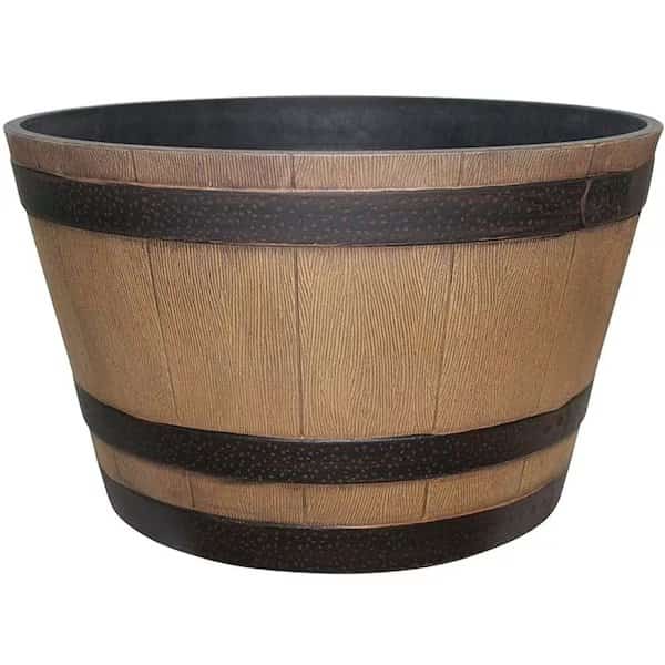 Planter, 13.04 in H, 22.24 in W, 22.24 in D, Round, Whiskey Barrel Design, Resin, Natural Oak