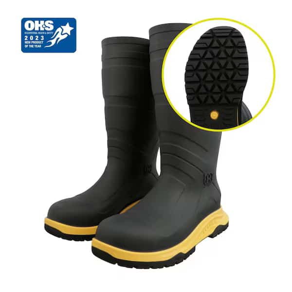 Men's Leader ENS Rubber Boot, Steel Toe, 15 in Height, Black/Yellow, 13