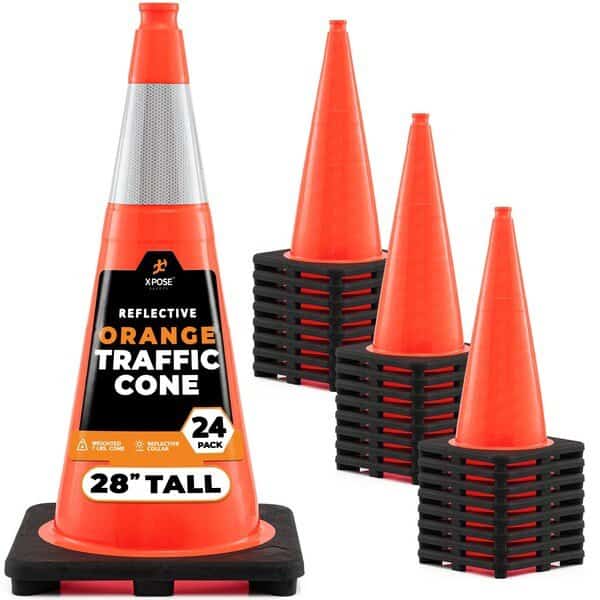 Traffic Safety Cone, 28 in, PVC, 6 in Reflective Collar, Orange, 24 pk