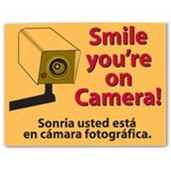 Shoplifting Sign, Rectangular, Smile you're On Camera!, Red Legend, Yellow Background