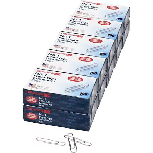 Officemate  No. 1 Non-Skid Paper Clips, Silver, 100/Box