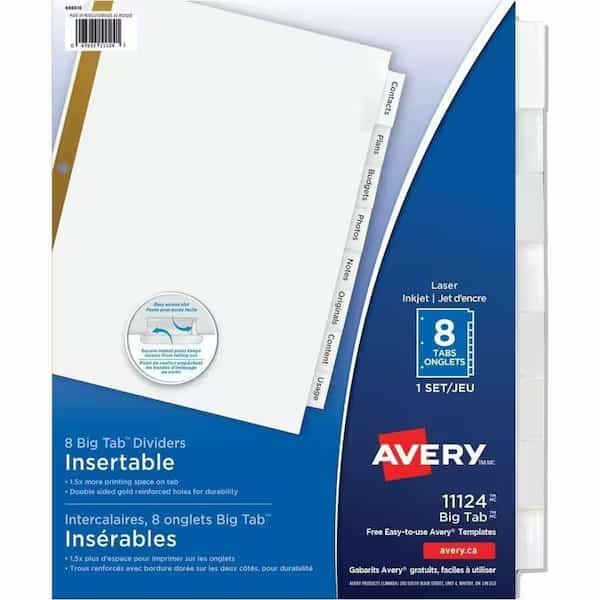 Avery WorkSaver Big Tab Insertable Tab Divider, Blank, 8.5"x11", 8 Tabs, White/Clear