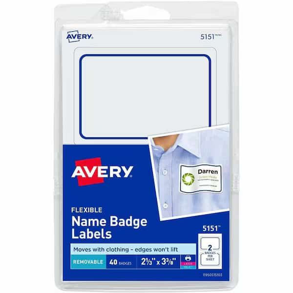 Avery, FLEXIBLE ADHESIVE NAME BADGE LABELS, 3.38 X 2.33, WHITE/BLUE BORDER, 40PK