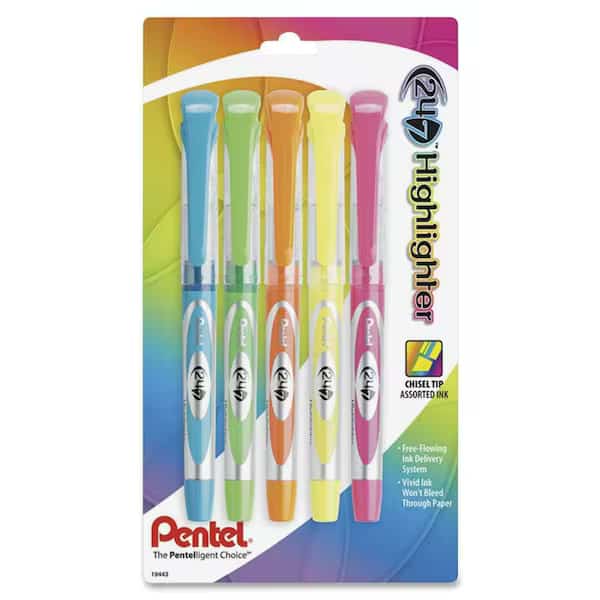 Pentel 24 / 7 Highlighter / Chisel Tip / Yellow / Pink / Blue / Green / Orange Ink / 5 / Pack