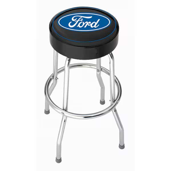 Round Black Vinyl Seat With Blue Ford Logo, Non-Swivel, 4 Steel Legs, Without Back