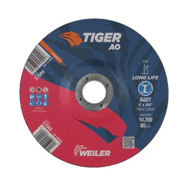Cutting Wheel, Type 27, 6 in Dia, 0.045 in Thick, 7/8 in Arbor Hole Size, Aluminum Oxide