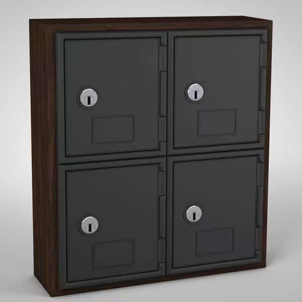 Cell Phone Locker, Walnut Frame, Grey Door, 4 Door, Keyed Lock