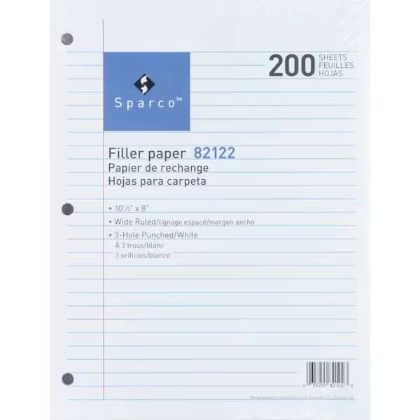 Sparco„¢ Notebook Filler Paper, 8" x 10-1/2", Wide Ruled, 3-Hole Punched, White, 200 Sheet/Pack, Sparco Products, Mfr#: 82122