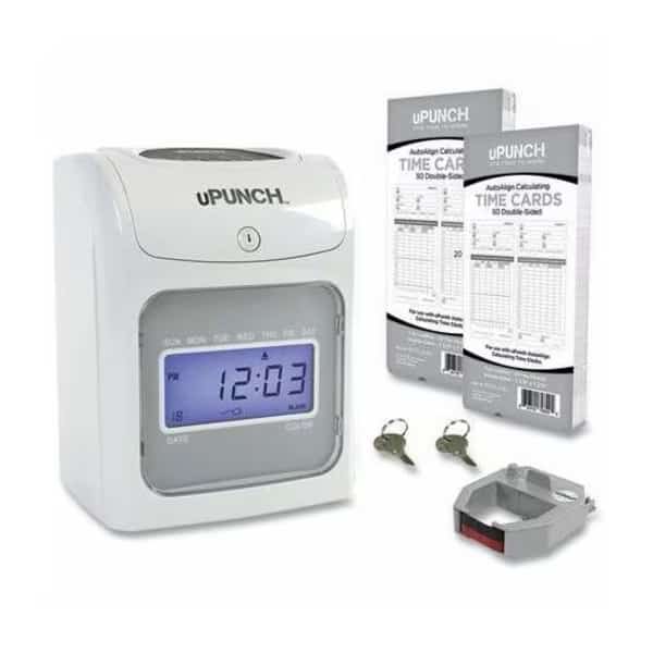 uPunch Electronic Time Clock w/ 100 Time Cards, 1 Ribbon & 2 Keys, White & Gray