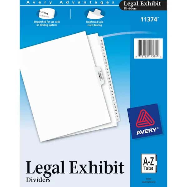Avery Premium Collated Legal Exhibit Divider, Printed A to Z, 8.5"x11", 26 Tabs, White/White