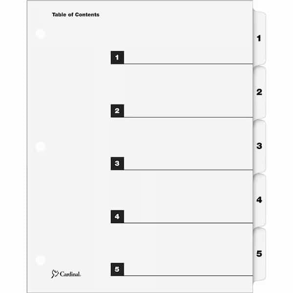 Cardinal OneStep Printable T.O.C. Divider, Printed 1 to 5, 9"x11", 5 Tabs, White/White
