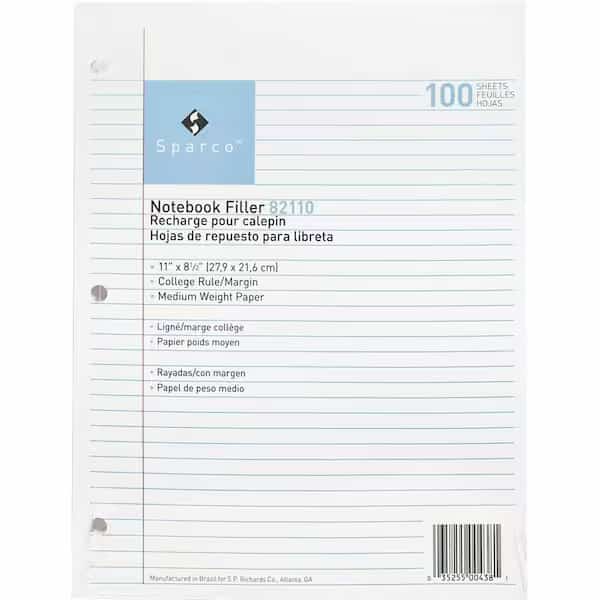 Sparco Notebook Filler Paper, 8-1/2" x 11", College Ruled, White, 100 Sheets/Pack