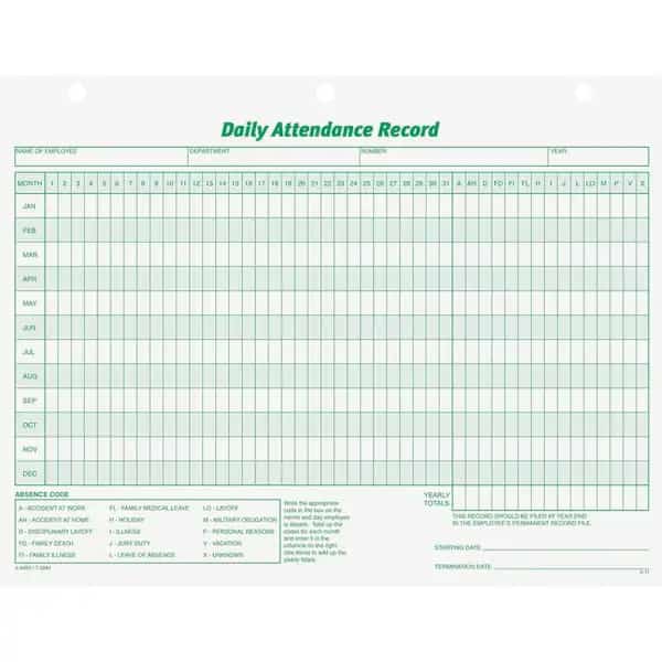 Tops Daily Attendance Record Forms, 11" x 8-1/2", White, 50 Sheets/Pack