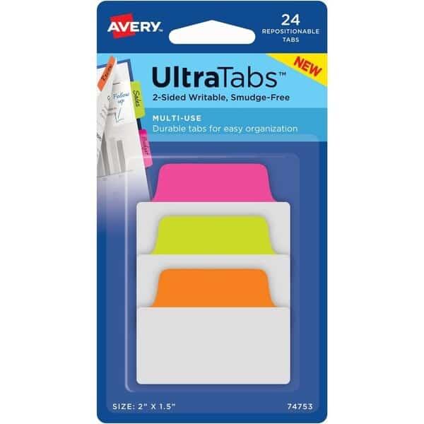 Avery Ultra Tabs Repositionable Tabs, 2in x 1-1/2in, Neon: Green, Orange, Pink, 24/Pack