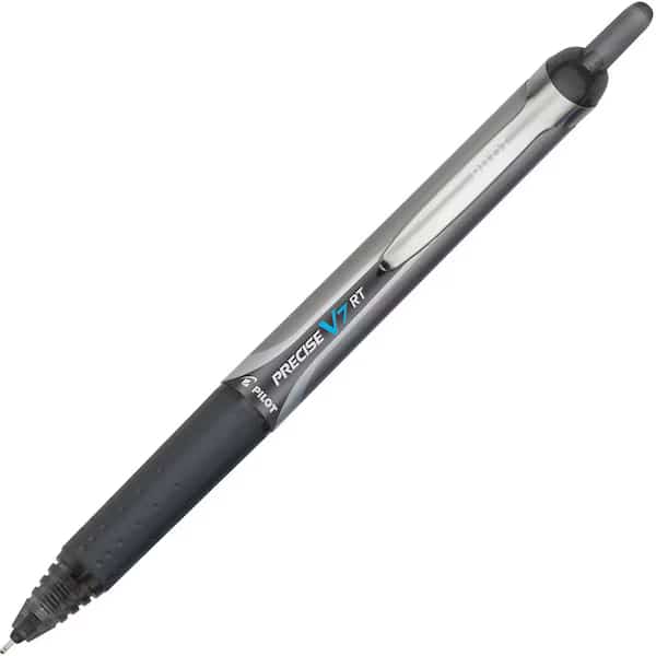 Precise V7RT Rollerball Pen, Retractable, Fine 0.7 mm, Black Ink, Black Barrel, PK12
