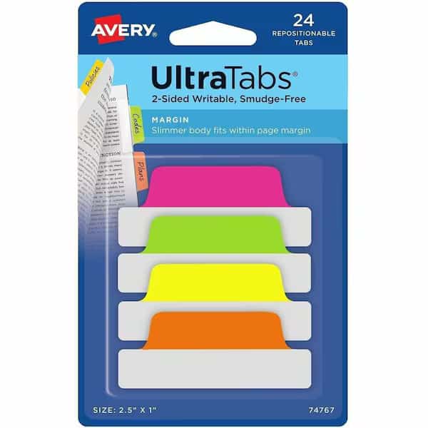 Avery Ultra Tabs Repositionable Tabs, 2-1/2in x 1in, Neon: Green, Orange, Pink, Yellow, 24/Pack
