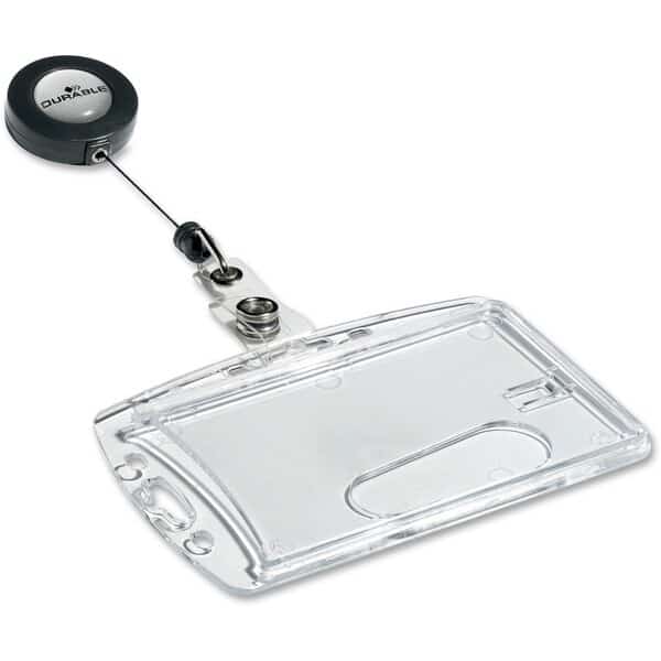 Durable Shell-Style ID Card Holder, Vertical/Horizontal, With Reel, Clear, 10/Pack
