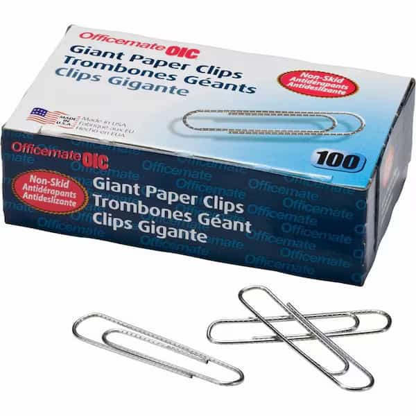 Officemate Giant Non-Skid Paper Clips, Silver, 100/Box