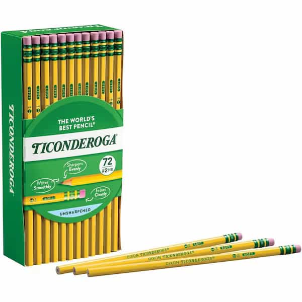 Dixon Ticonderoga HB No 2 Pencil With Eraser, Yellow Barrel, 72/Box