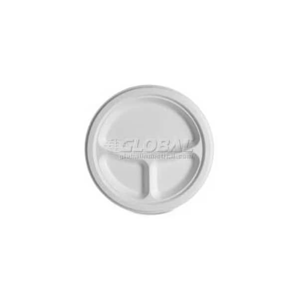 , 3-Comp Sugarcane Plates, 10 Dia., Natural White, 500/Case