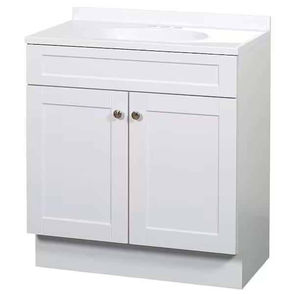 2Door Shaker Vanity with Top, Wood, White, Cultured Marble Sink, White Sink