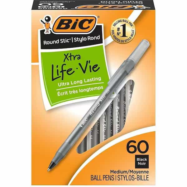 Bic GSM609-BK Round Stic Ballpoint Pen  Black Ink  Medium Point  1.0 mm  60 per Box