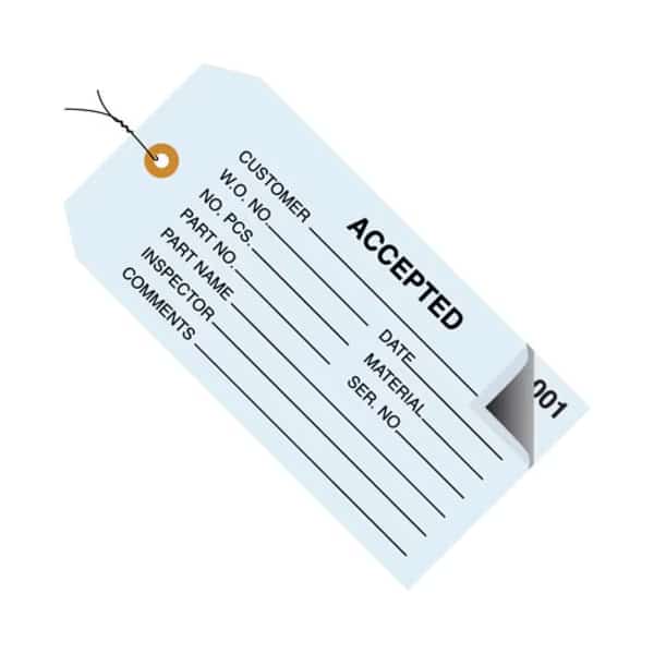 Inspection Tags, 2 Part, Numbered 001-499, Pre-Wired, "Accepted", 4 3/4" x 2 3/8", Blue, 500/Case