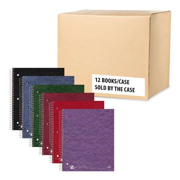 Case of Wirebound Notebooks, 11"x9", 200 sheets, 4 Sub, 4 Pkt, College Ruled w/margin, Asstd. Colors, PK12