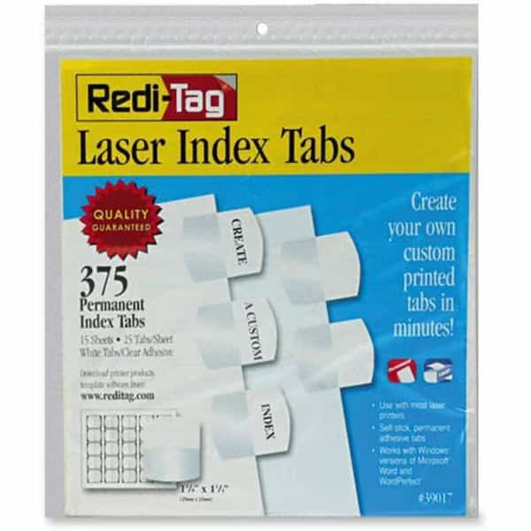 Redi-Tag Laser Index Tab/Blank, 375 Tabs, White/White, Redi-Tag, Mfr#: 39017