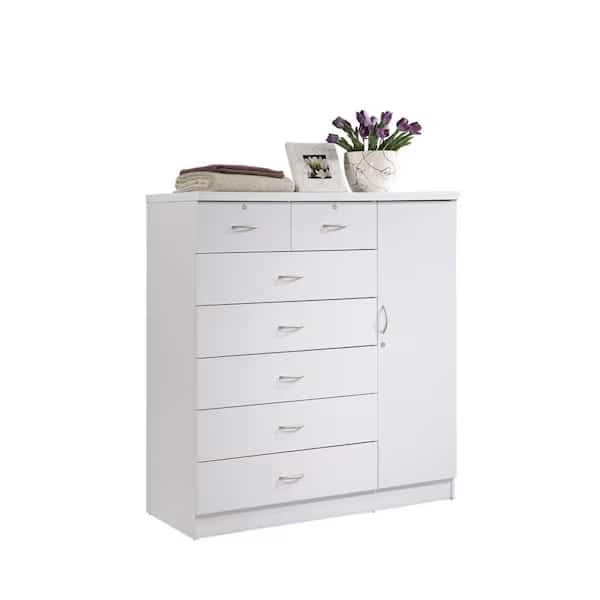 7-Drawer Chest with Locks on 2-Top Drawers Plus 1-Door, 3-Shelves - White