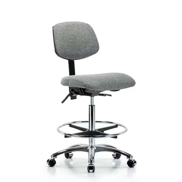 Chair, Fabric, Hi Bench, Chr CF Casters, Gry, Fabric, Chrome, Polyurethane Foam, Grey, No Arms Arms