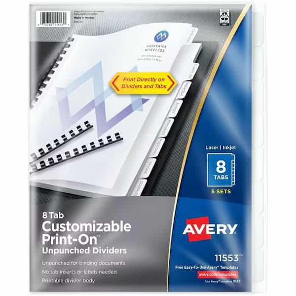 Dividers, Print-On, 8Tab, We 5PK
