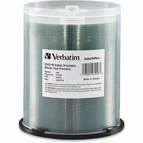 VerbatimÂ DVD-R, , 16X Speed, 4.7GB, Inkjet Printable, Wrapped, 100/Pk, White