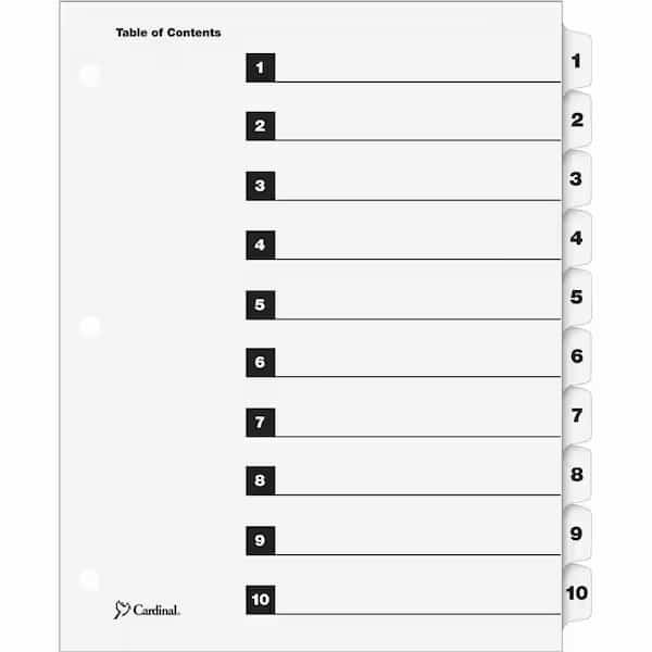 Cardinal OneStep Printable T.O.C. Divider, Printed 1 to 10, 9"x11", 10 Tabs, White/White