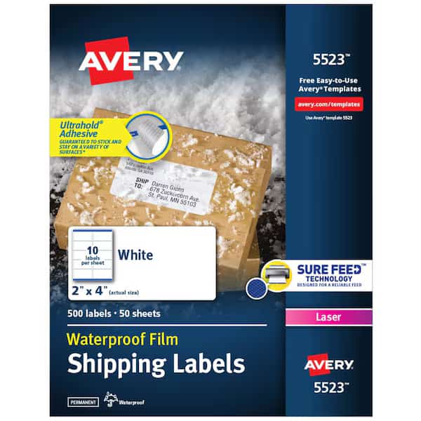 Avery® WeatherProof™ Mailing Labels with TrueBlock® Technology for Laser Printers 5523, 2" x 4", Box of 500
