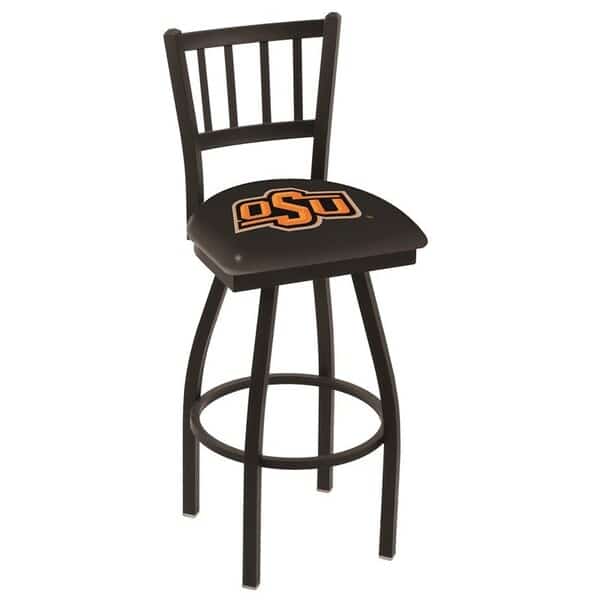 30" Blk Wrinkle Oklahoma State Swivel Bar Stool, Jailhouse Back