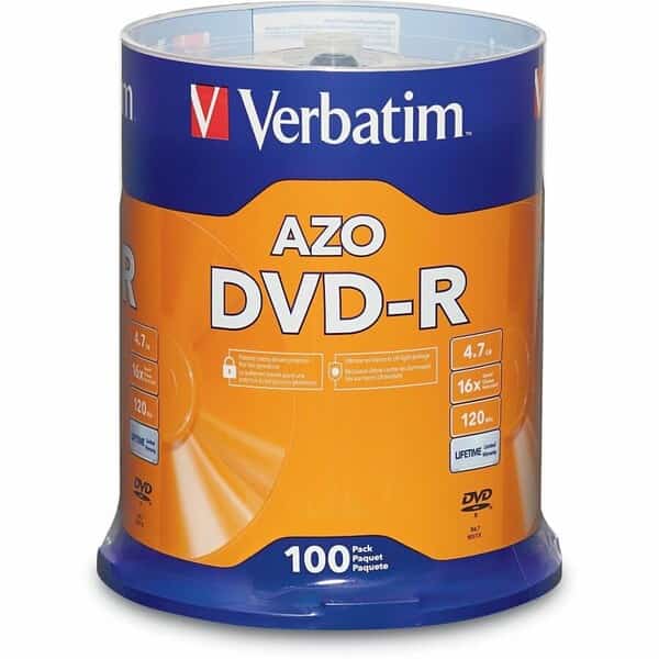Verbatim DVD-R Disc, 95102, 16X Speed, 4.7GB, 120 Minutes, 100/Pk, Silver