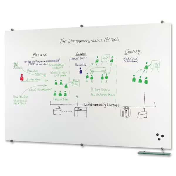 Dry Erase Board, Glass, 48 in, 96 in, No Frame Frame, White, Gloss