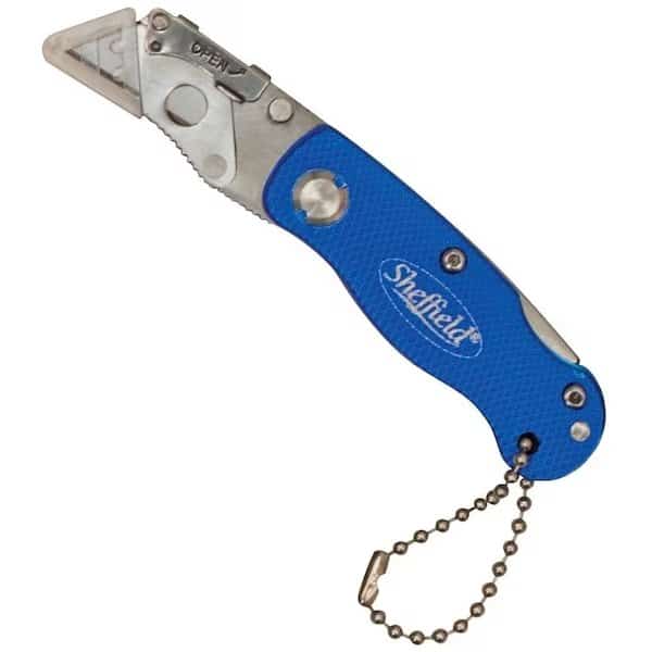Utility Knife, 112 in L Blade, Stainless Steel Blade, Curved Handle, Blue Handle