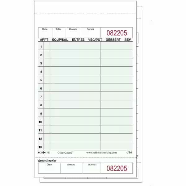 2 Part Green Tint Carbonless 13 Line Guest Check 50 Checks, PK40