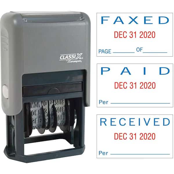 Xstamper Self-Inking Message/Date Stamp, PAID/FAXED/RECEIVED, 15/16" x 1-3/4", Blue/Red