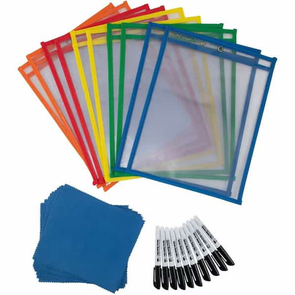 Reusable Dry Erase Pockets Class Pack with Markers and Cloth Erasers