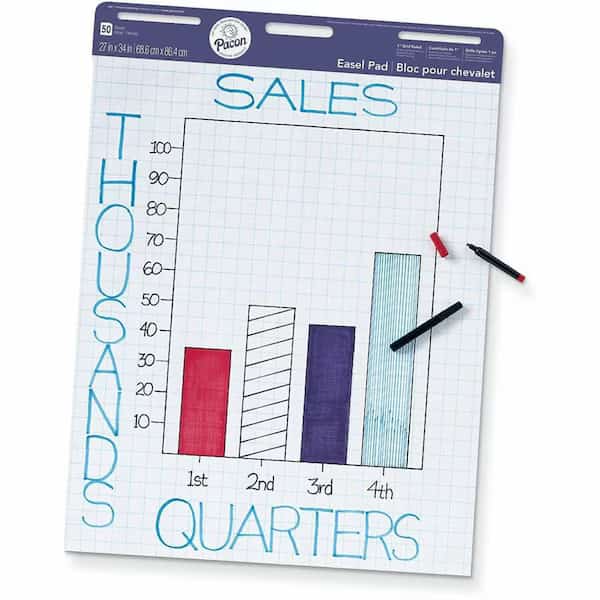 Pacon Easel Pad, White, 1in Grid Ruled 27in x 34in, 50 Sheets