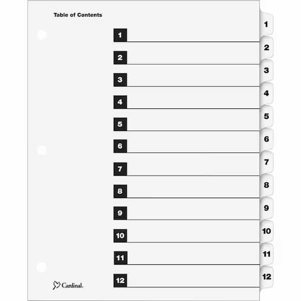Cardinal OneStep Printable T.O.C. Divider, Printed 1 to 12, 9"x11", 12 Tabs, White/White